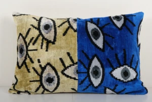 Ikat Copricuscino Occhi Giallo e Blu - Cuscino Lombare in Velluto Patchwork Seta - Foto 1 di 4