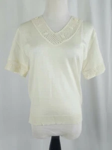 Camiseta Vintage Años 70 Marfil Acrílico Mangas Cortas Encaje Recorte Tejido Suéter - Imagen 1 de 10