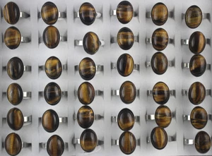 Wholesale Lots 32pcs Tiger's Eye Natural Stone Rings Stainless Steel Jewelry - Picture 1 of 7
