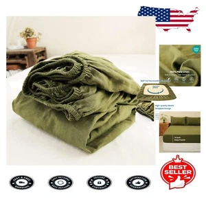 100 % Leinen oliv Spannbetttuch mit 14 Zoll tiefer Tasche - King Size Komfort - Bild 1 von 9