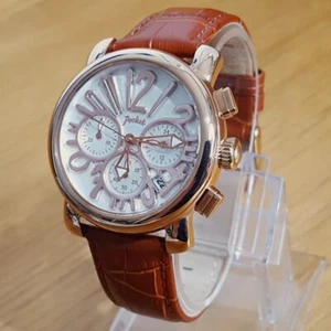 Herren Damen Braun Leder Roségold Retro Pop-Art Chrono Uhr PK2048 NEU - Bild 1 von 10