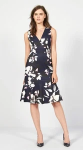 Vince Camuto Navy Blue Black Pink Floral V Neck Cocktail Party Flounce Dress 6 - Bild 1 von 15