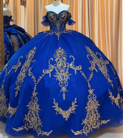 Роскошные платья Quinceanera золотые аппликации королевский синий принцесса блестящие бальные платья - Изображение 1 из 4