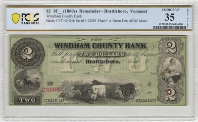 1860's Brattleboro Vermont $2 Obsolete Banknote PCGS Choice VF 35 Details - Image 1 of 2
