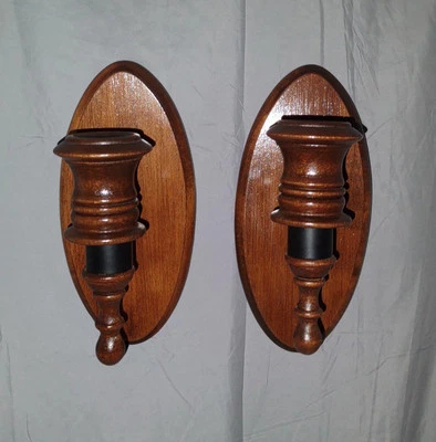 2 Vintage MCM Homco Wood Sconses w/Black Metal Wrought Iron For Tapered Candle - Image 1 of 4