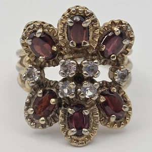 VTG Garnet & Diamond Cluster Cocktail Ring 14K Plated Sterling Silver  Size 6.25 - Picture 1 of 19