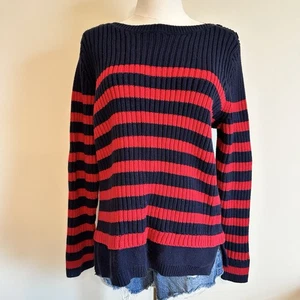 Women’s Croft and Barrow Sweater Large Blue Red Stripes - Picture 1 of 5