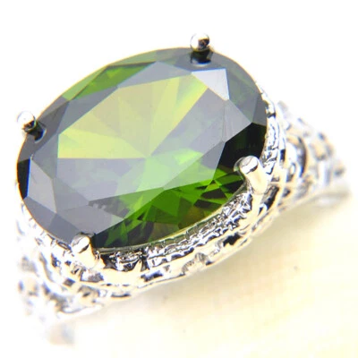 Dazzling Oval Flower Real Olive Peridot Gems Silver Rings Size 7~9 Women Gifts - Image 1 of 4