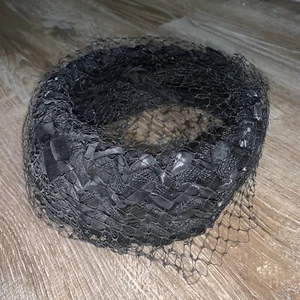 Black Rettan Hat Halo Netting Vintage Womens 50s - Picture 1 of 9
