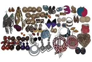 Vintage Earring Lot of 47 Pairs Oversized Kitsch Drag Chunky Retro Dangle Button - Picture 1 of 21