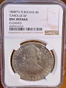 1808 PTS PJ Bolivia Silver 8 Reales - NGC Unc Details cleaned - 14-010 - Picture 1 of 2