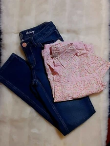 Faded Glory pink floral print short sleeve blouse blue denim jeans girls 10 12 l - Picture 1 of 7