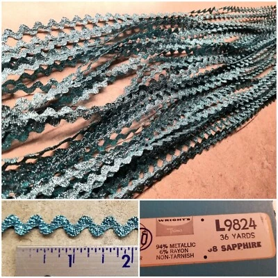 NOS Wrights 36 Yds Shiny 3/8" Sapphire Blue Metallic Rick Rack Sewing Trim - Image 1 of 4