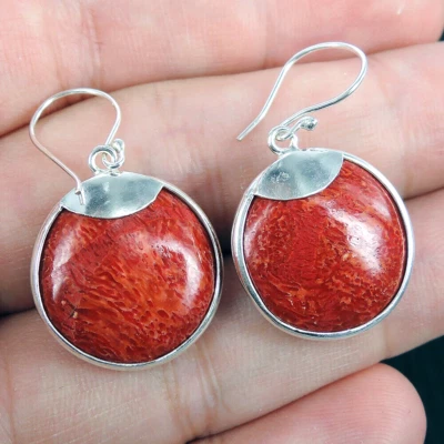 Orecchini rotondi in argento sterling 925 corallo rosso naturale gioielli, fa... - Immagine 1 di 3