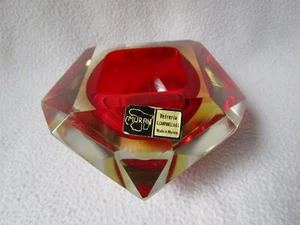 Vetreria Campanella Murano Glas Schale Überfang rot/gelb/klar Diamant-form 700g - Picture 1 of 9