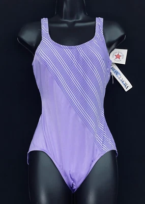 Vintage 1980s purple one-piece swimsuit, nylon white striped NWT deadstock M - Image 1 of 3