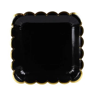 Mysterious Black Paper Plates with Gold Border 9 inch Gold Paper Dessert Plat... - Picture 1 of 9