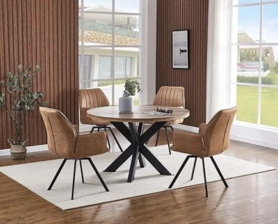 5PC Round Dining Set, Solid Wood & Metal Dining Table w/ Swivel Armchair, Brown - Image 1 of 4