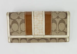 Coach Wallet Signature Canvas Leather Metallic Stripe Snap Coins Cards Cash  - Picture 1 of 12
