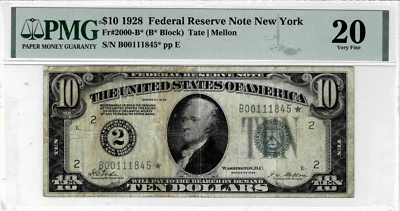 1928 $10 Federal Reserve*Star*note-Gold clause-fr.2000-B* (NY)PMG VF 20--1 of 14 - Image 1 of 4