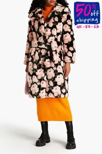 RRP €381 JAKKE. Katrina Faux Fur Long Coat UK8 US4 IT40 S Pink Floral Belted - Picture 1 of 7