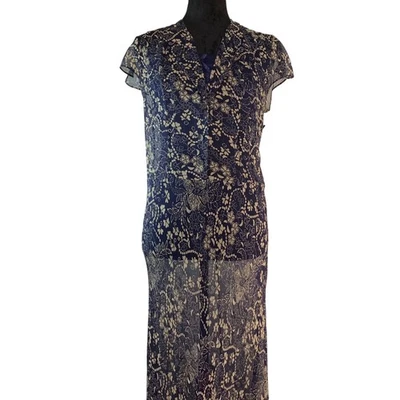 Lauren Ralph Lauren Sheer Floral Maxi Dress Blue & Beige Size 6 100% Silk Button - Image 1 of 4