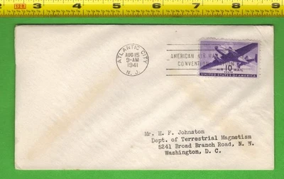 1941 Airmail Cover Sc.# C27 10¢ Plane Stamp Atlantic City Cancel | H.F. Johnston - Image 1 of 2