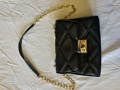 MICHAEL KORS SERENA MD FLAP CHAIN SHOULDER CROSSBODY QUILTED BAG BLACK/GOLD - Image 1 of 4