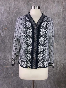 Vintage Chelsea Gardens Size M Black White Nordic Cardigan Fair Isle - Picture 1 of 10