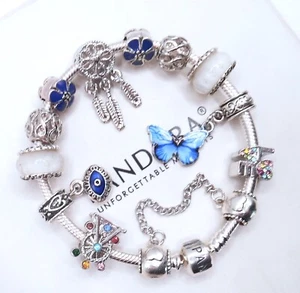 PANDORA SILVER BRACELET WITH BUTTERFLY EVIL EYE WHITE GLASS & BLUE THEMED CHARMS - Picture 1 of 8