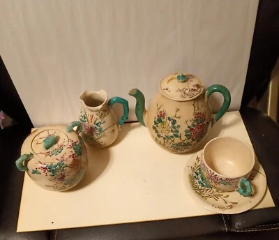 Kinkanos? Meijii Satsumi? Pitcher, Creamer with Lid, Cup and Saucer, Tea Pot - Image 1 of 4