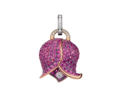 5.95CT Pink Natural Ruby & Moissanites In 10K Rose Gold Bougainvillea Pendant - Image 1 of 3