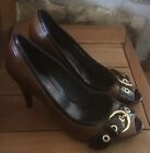 Scooter Women’s Brown Leather Heels Size 8 Front Toe Eye & Buckle