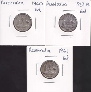 Australia Group of 3 Sixpence 1951-PL 1960 1961 in 2x2 Coin Holders (3 Coins) - Bild 1 von 3
