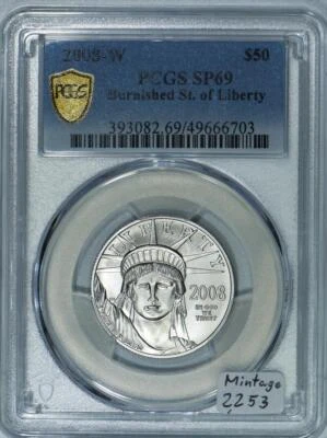 2008-W $50 Platinum Eagle Burnished Statue of Liberty PCGS SP-69; Mintage 2253 - Image 1 of 4