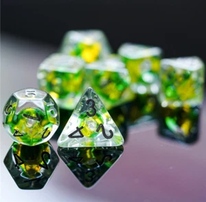 Glass Bead Resin Polyhedral D&D Dice Set TTRPG Dungeons & Dragons Green Yellow - Picture 1 of 5