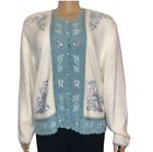 Vintage 80s Koret Cardigan Sweater Floral embroidered beaded teal Ivory size L