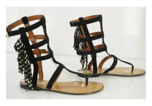 Valentino Fringed Rockstud Gladiator Flat Sandals Sz 38 New Caged Black $1675 - Picture 1 of 6