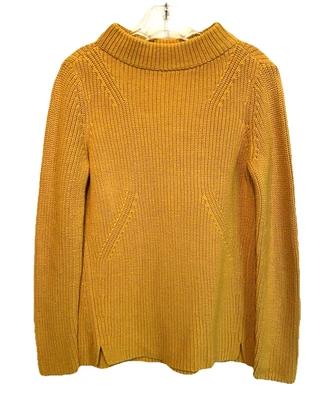 Talbots Mustard Yellow Gold Chunky Rib Knit Sweater 100% Cotton Mock Neck Med - Image 1 of 4