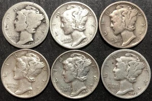 1917 1939 1941 1941-S 1942 1945-S MERCURY 10 CENT SILVER DIME LOT 6 pc - Picture 1 of 2