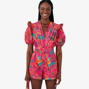 Farm Rio Ara Party Rosa Strampler Gr. L Baumwolle Gürtel Puffärmel Tropical - Bild 1 von 12