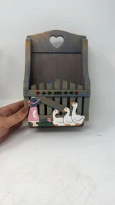 Vintage Wooden Blue Key Hook Wall Basket Farmhouse Ducks Tulips Girl Farm Geese - Picture 1 of 5