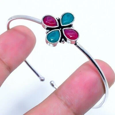 Kashmir Ruby,Emerald(Simulated)  Gemstone Handmade Cuff Bracelet Adj. E483 - Image 1 of 2