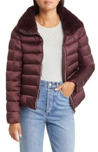 SAVE THE DUCK Mei Faux Fur Collar Puffer Jacket Burgundy Black M/L (3) - Picture 1 of 6
