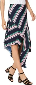 Bar III Womens Striped Asymmetrical Midi Skirt Flat Front Blue Multi Size 14 - Picture 1 of 3