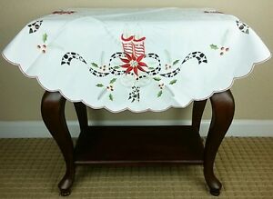Embroidered Christmas Red Candle Embroidery Fabric Tablecloth Topper 33" Round