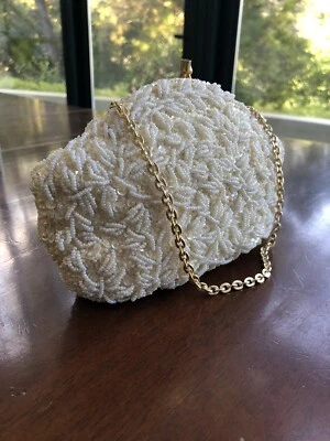 Bolsa de mão vintage de vidro com miçangas e sementes clutch marfim - Imagem 1 de 4