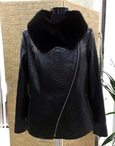 All Sizes Women's Genuine Python Leather Real Fox Fur Collar Black Snake Jacket - Picture 1 of 4