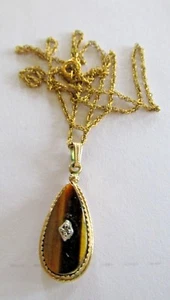 Vtg Tigers Eye Pendant With Diamond Chip Pendant and Chain - Picture 1 of 2