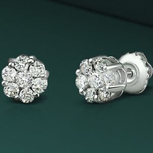 14K Real Solid Gold Natural Diamond Round Cluster Floral Studs Earrings All Size
